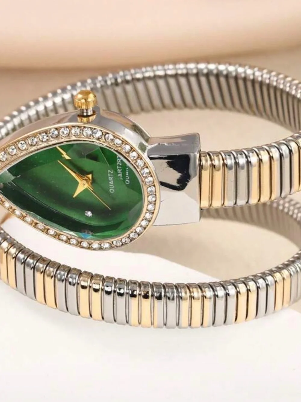 Anthropologie Two-Tone Gold & Silver Teardrop Green Dial Crystal Watch